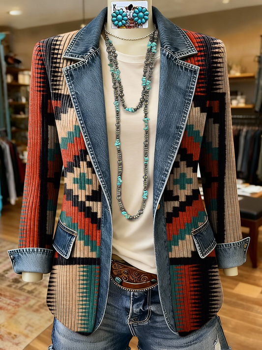 Vintage Aztec Art Print Patchwork Denim Sweater Cardigan Coat