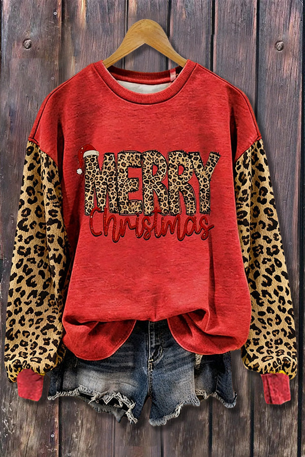 Merry Christmas Print Leopard  Long Sleeve Sweatshirt
