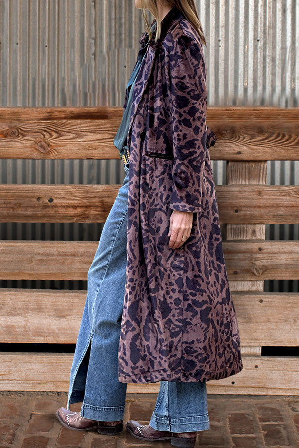 Retro Printed Double-Breasted Pockets Velvet Duster