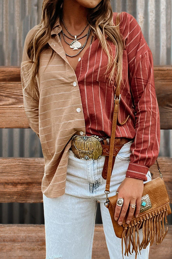 Vintage Asymmetrical Color Block Striped Shirt