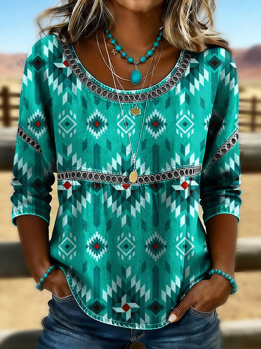 Vintage Aztec Print Casual 3/4 Sleeves Hollow Denim Shirt