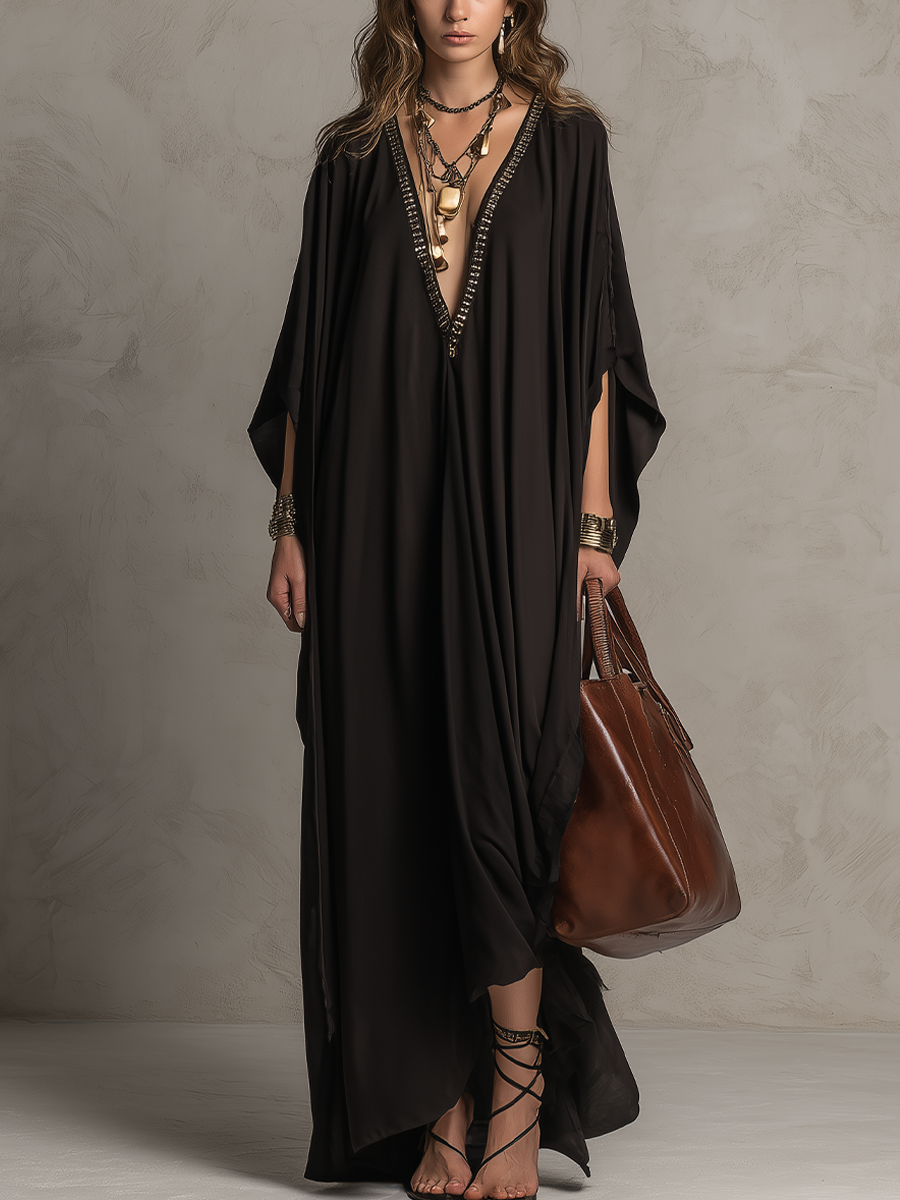 Black Bohemian V Neck Sequined Maxi Dress