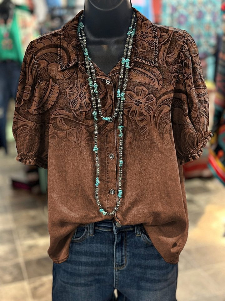 Retro Leather Embossing Pattern Print Buttoned Cardigan Sweater