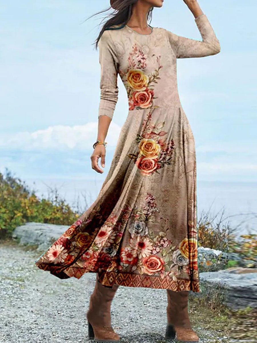 Oil Painting Floral Print Round Neck Long Sleeve Dress