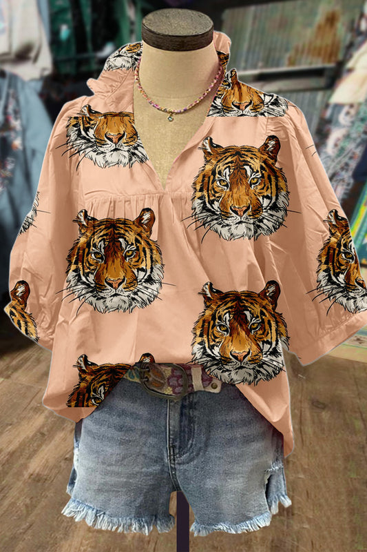 Casual Tiger Print Puff Sleeve Top