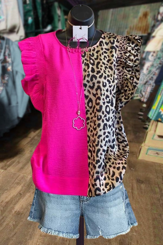 Colorblock Leopard Print Ruffle Top