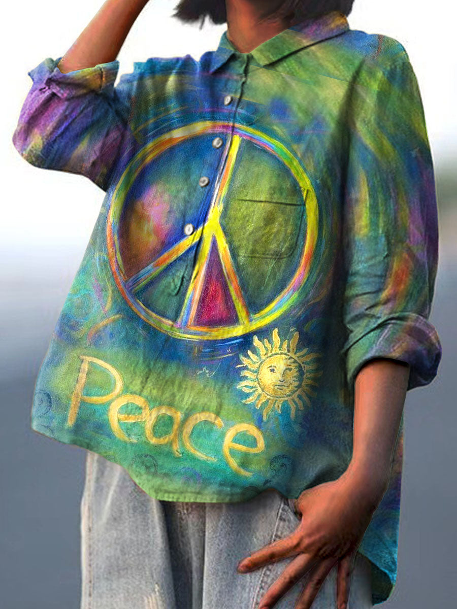 Women's Colorful Green Anti-war Peace Sign Print Casual Cotton And Linen Shirt