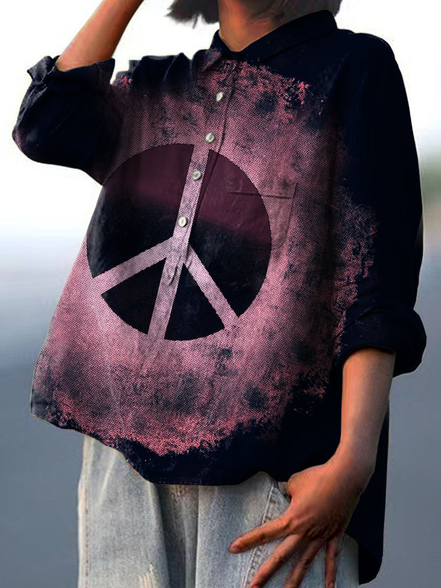 Women's Purple Background with Anti-war Peace Sign Print Casual Cotton And Linen Shirt