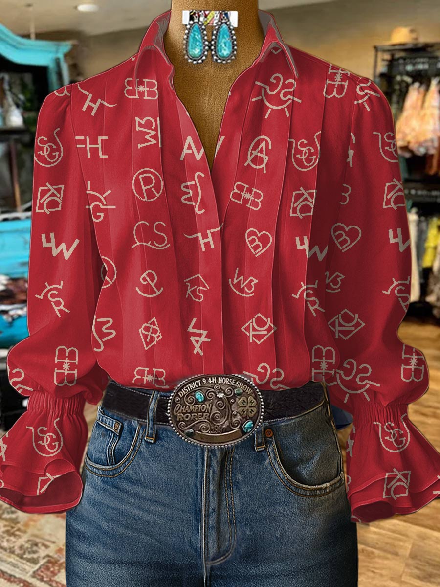 Women's Cattle Brands Print Casual Cotton And Linen Shirt