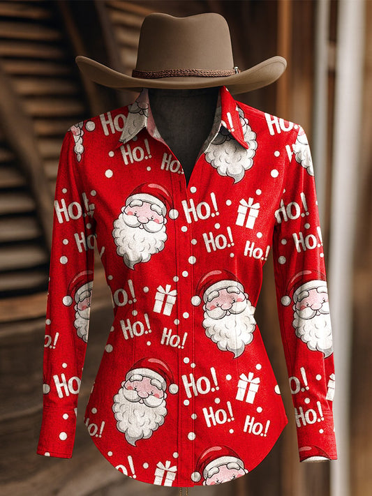 Women&#39;s Santa Print Christmas Western Long Sleeve Shirt