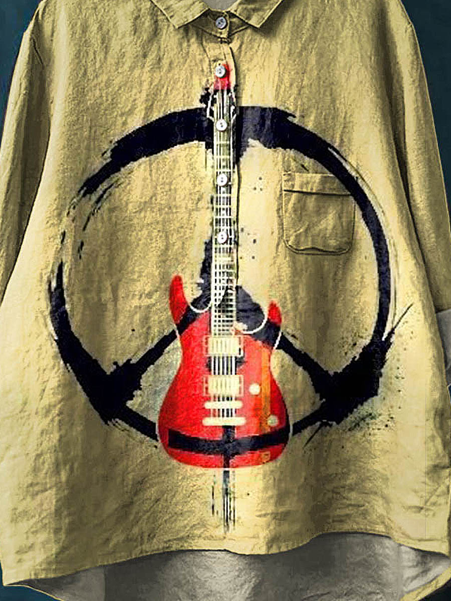 Vintage Peace And Love Guitar Art Print Casual Cotton And Linen Shirt