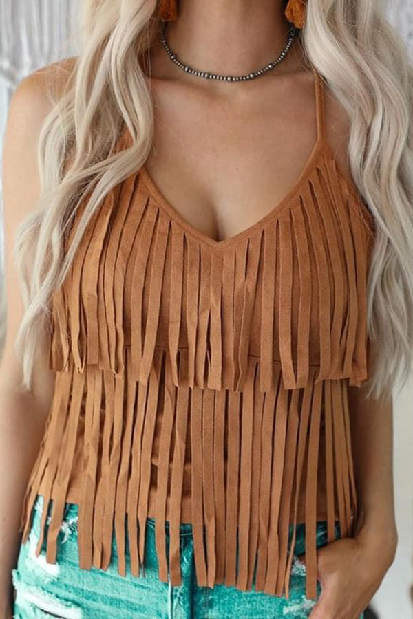 Suede Fringe Racerback Tank Top