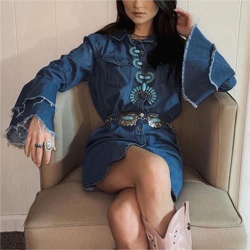 Vintage Bell Sleeve Shirt Collar Denim Dress