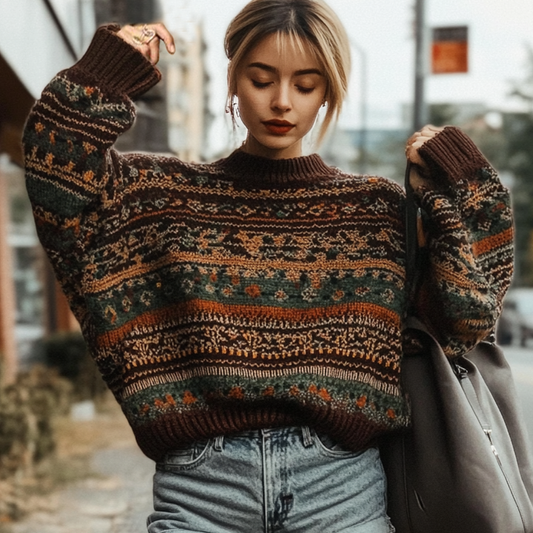 Women's Vintage Geometric Ethnic Style Print Round Neck Oversized Sweatshirt