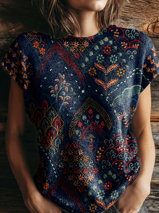 Women's Retro Ethnic Totem Print Casual Crew Neck Short Sleeve Knitted Sweater