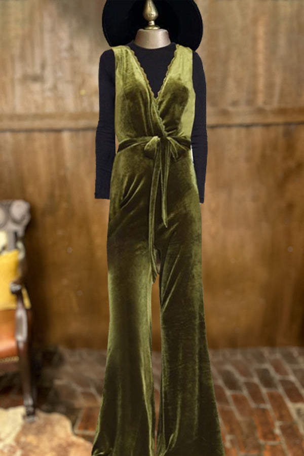 Stunning Overlapping Deep V-Neck Velvet Sleelvess Jumpsuit