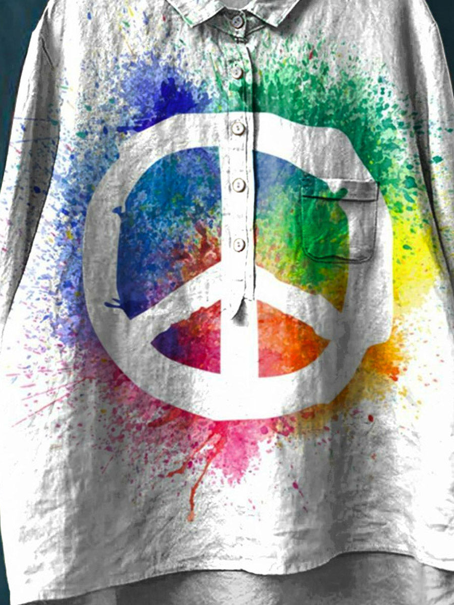 Vintage Peace And Love Art Print Casual Cotton And Linen Shirt