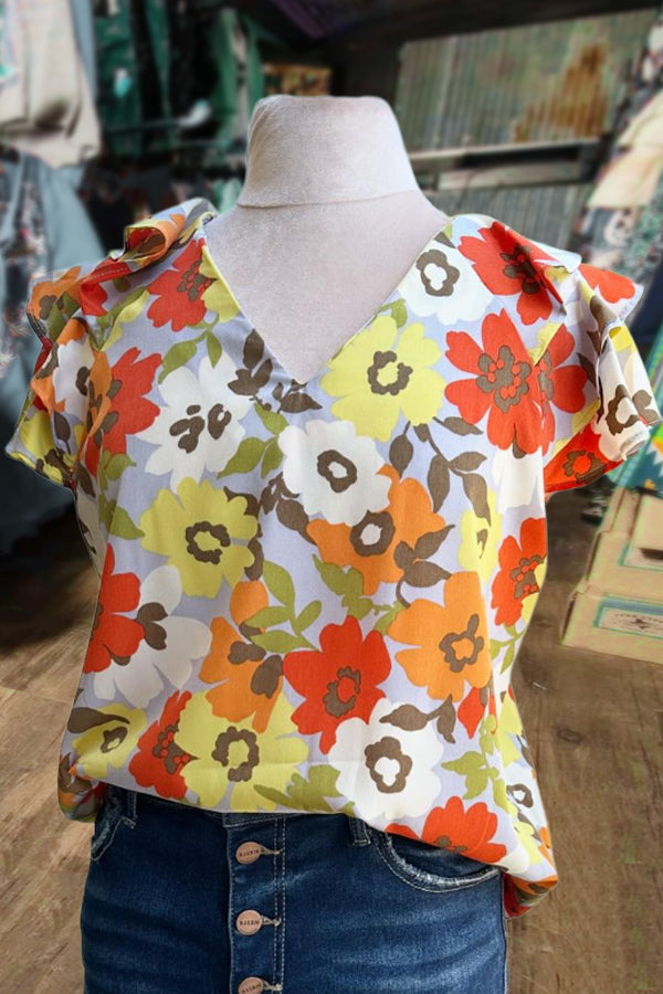 Colorful Floral Print V-Neck Flutter Sleeve Top