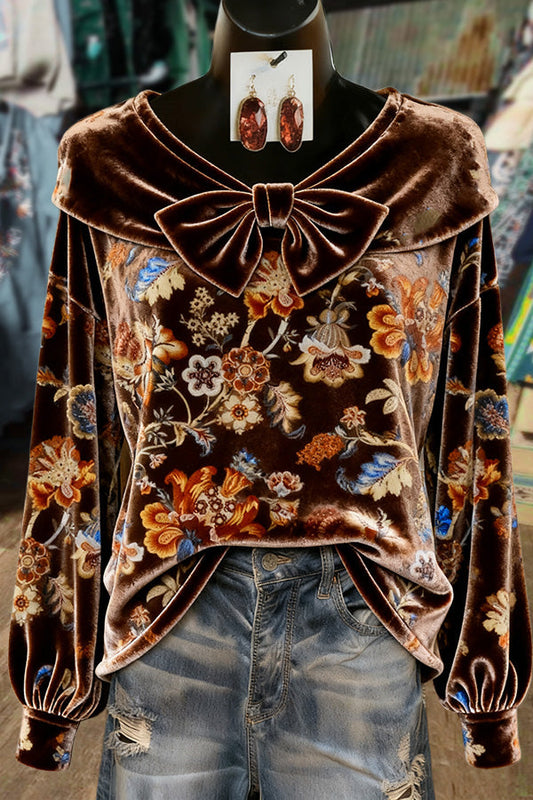 Vintage Floral Print Bow Detailed Velvet Top