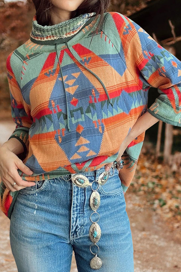 Turtleneck Drawstring Aztec Print Top