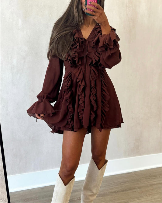 Tie-strap Bell Sleeve Dress V Neck  Mini Dress