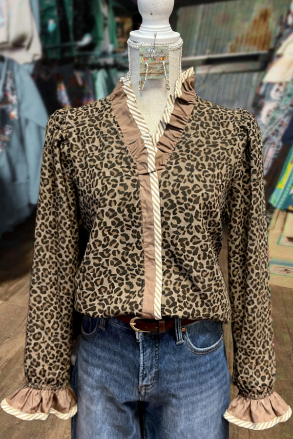 Leopard Print Ruffle Neck Long Sleeve Top