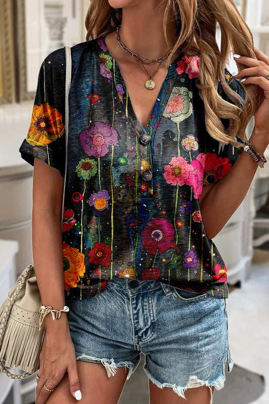 Art Floral Print V-Neck T-Shirt