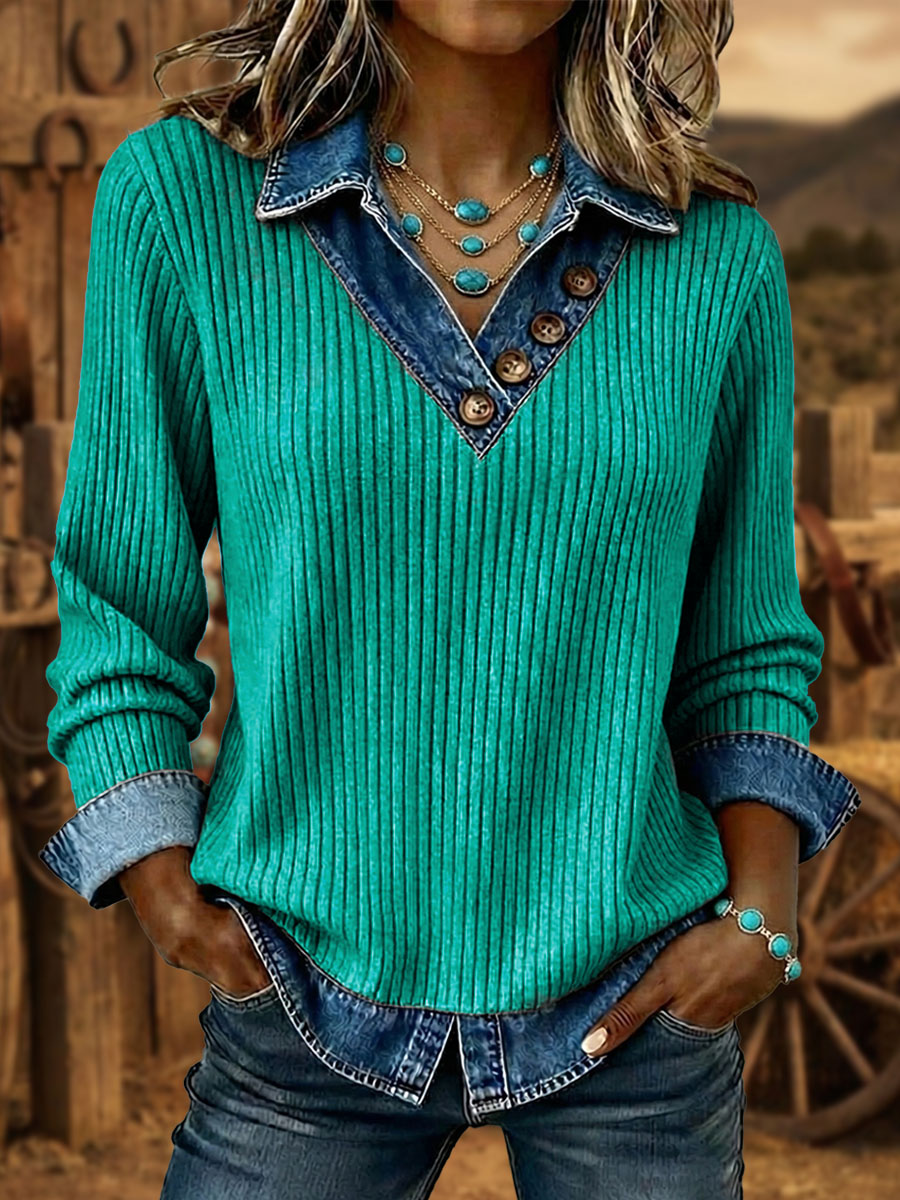 Vintage Aztec Art Print Patchwork Denim Sweatshirt