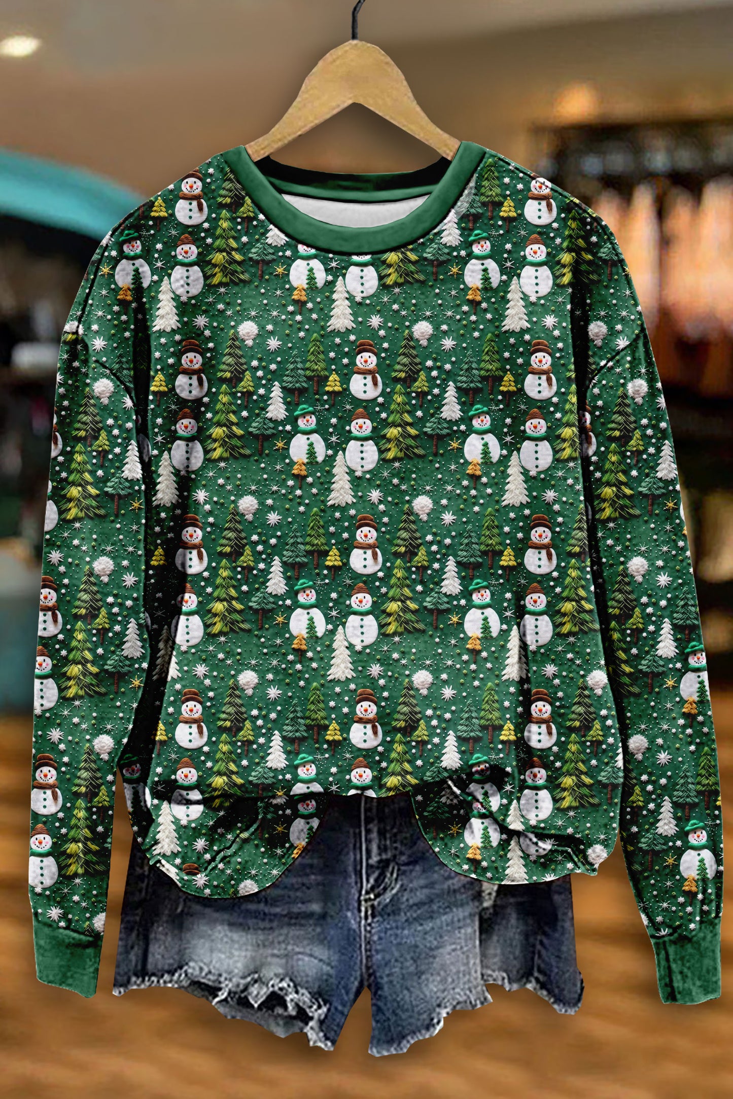 Christmas Trees Snowman Print Sweatshirt