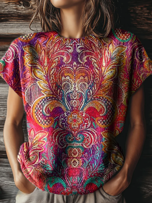 Women's Retro Ethnic Bohemian Floral Art Print Casual Crew Neck Short Sleeve Knitted Sweater