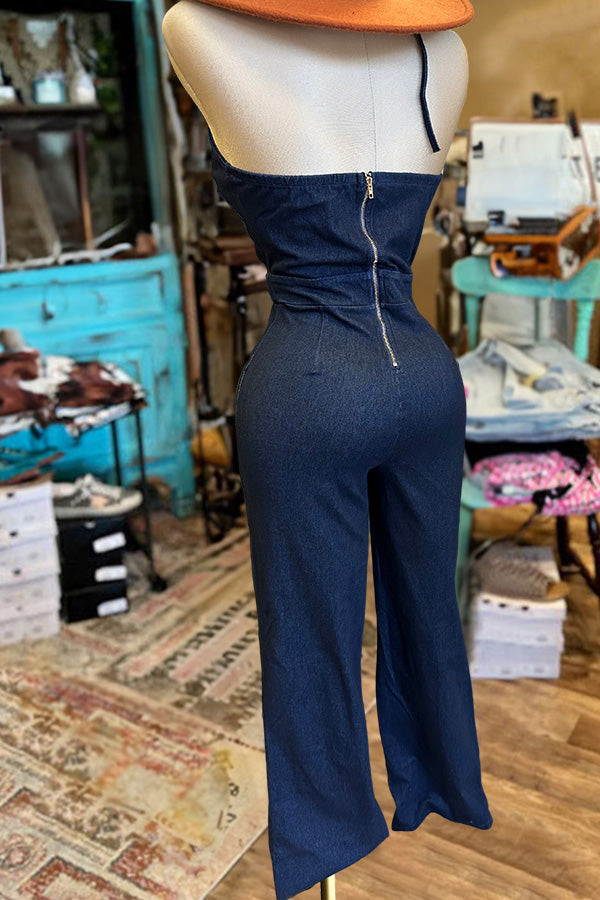 Vintage Denim Wrapped Backless Jumpsuit