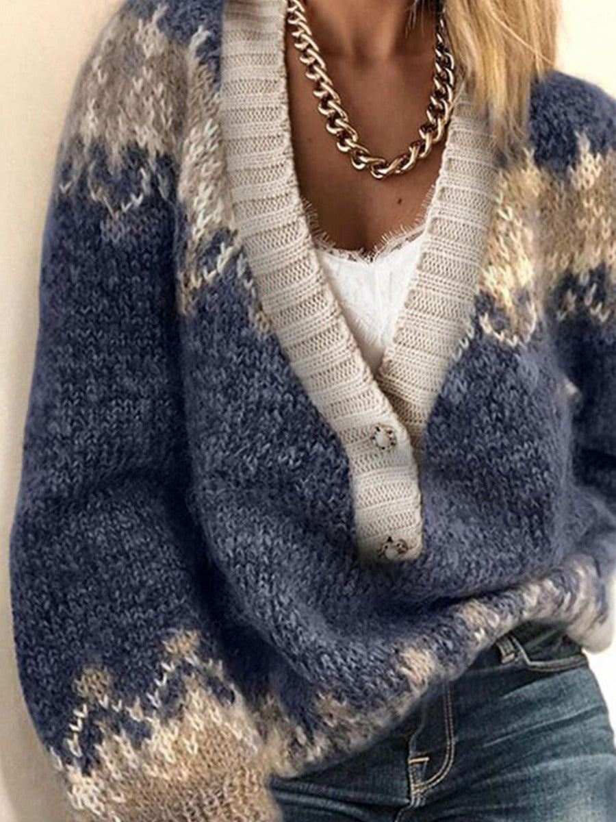 Women's Retro Ethnic Print Casual V-neck Pullover Knit