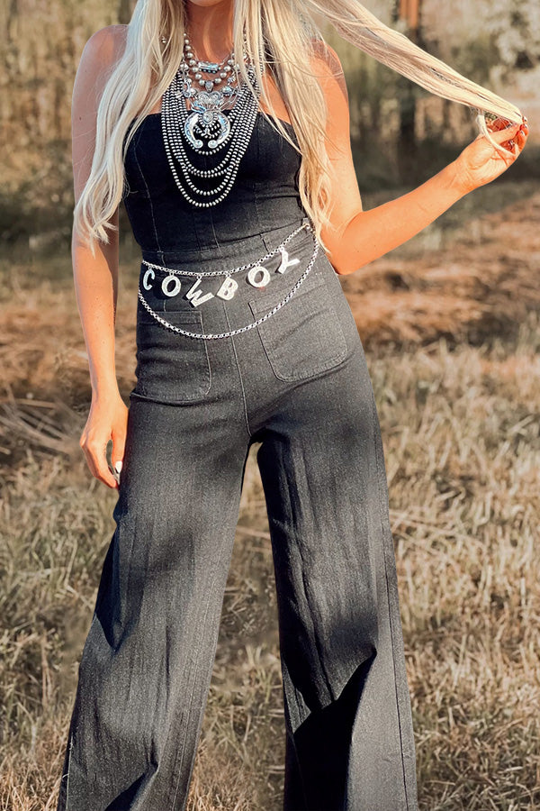 Retro Bandeau Pocket Flare Denim Jumpsuit