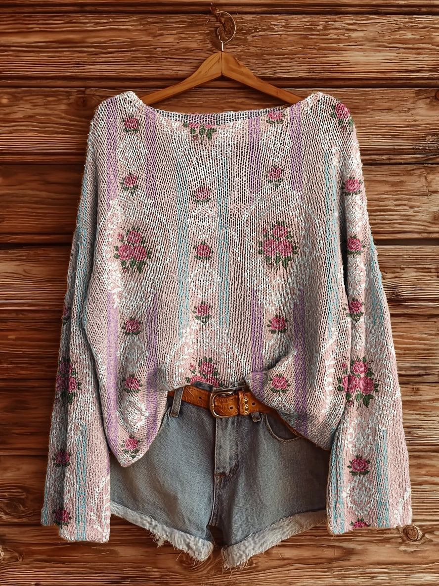 Women's Vintage Ethnic Floral Art Print Casual Pullover Sweater