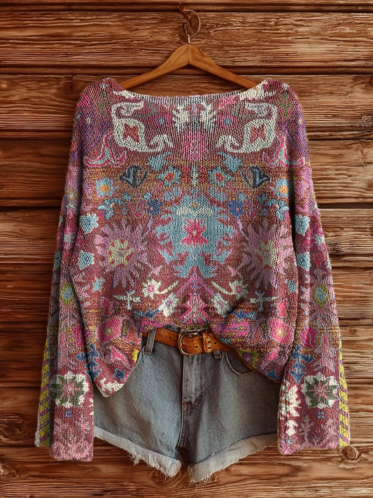 Women's Retro Ethnic Totem Print Casual Pullover Sweater