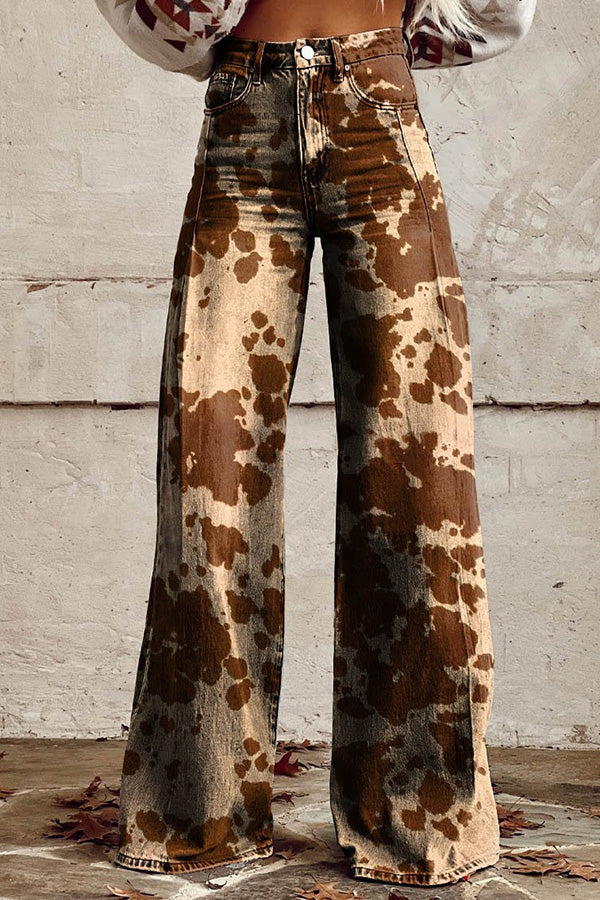 Cow Texture Print Casual Wide Leg Pants