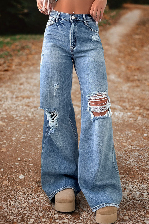 Retro Distressed Wide Leg Jeans