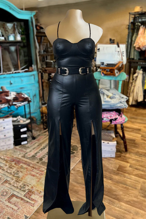 Vintage Faux Leather Leg Slit Jumpsuit