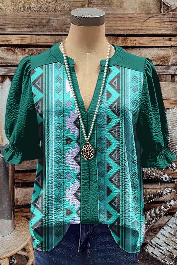 Retro Western Totem Print Puff Sleeve Top