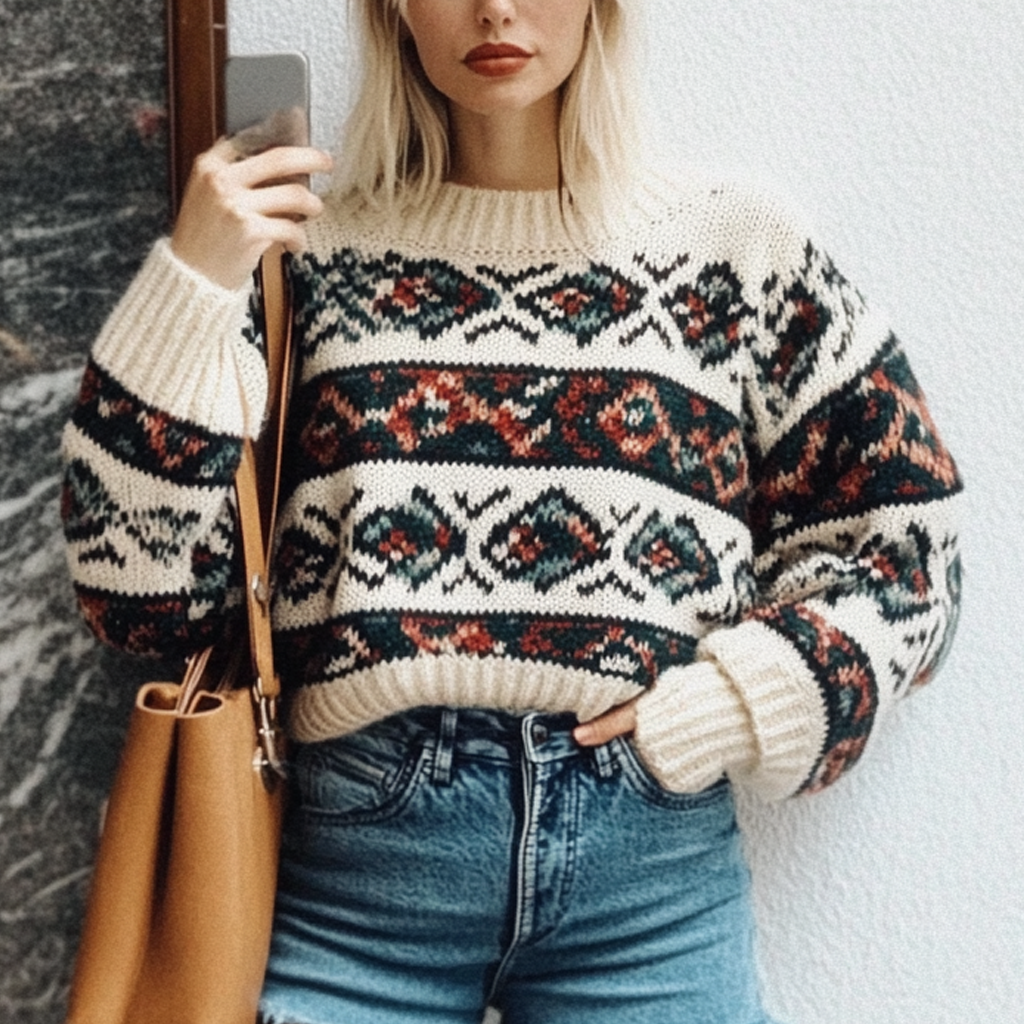 Women's Vintage Geometric Ethnic Style Print Round Neck Oversized Sweatshirt