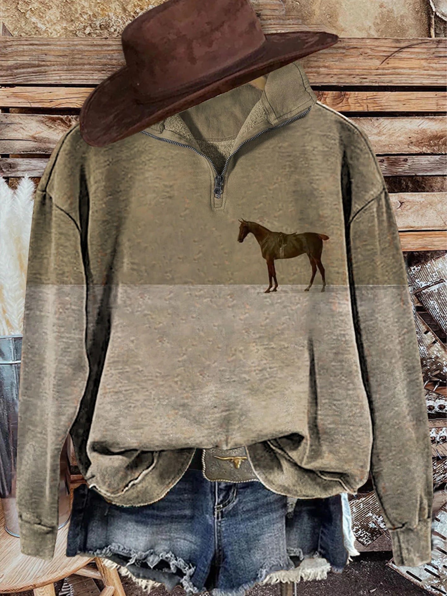 Vintage Horse Art Print Casual Cotton Sweatshirt