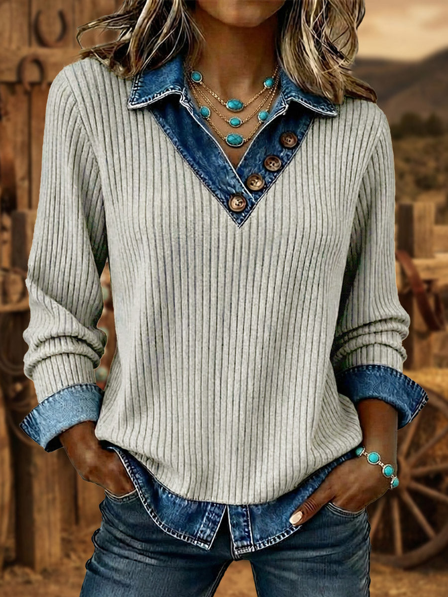 Vintage Aztec Art Print Patchwork Denim Sweatshirt