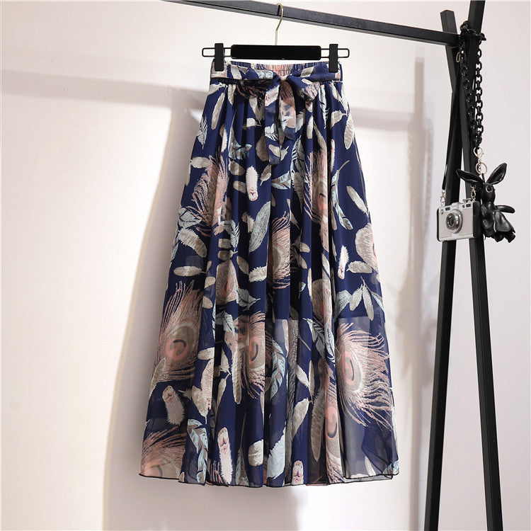 Multi-Color Printed Chiffon High Waist Tie Waist Flowy Maxi Skirt | Vacation Style Elegant A-Line Skirt
