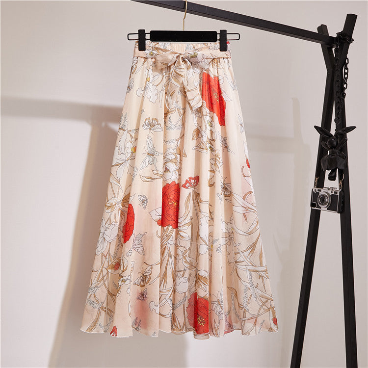 Multi-Color Printed Chiffon High Waist Tie Waist Flowy Maxi Skirt | Vacation Style Elegant A-Line Skirt