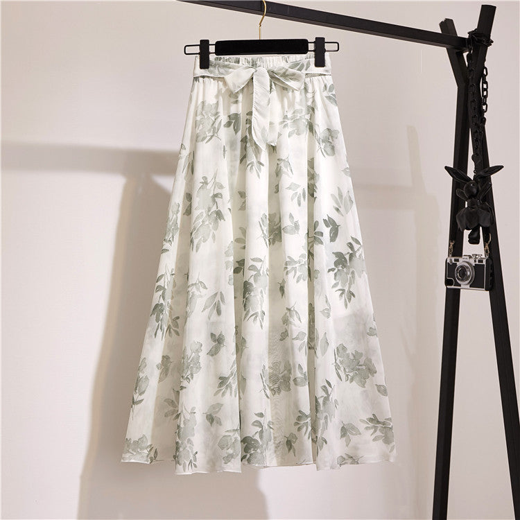 Multi-Color Printed Chiffon High Waist Tie Waist Flowy Maxi Skirt | Vacation Style Elegant A-Line Skirt