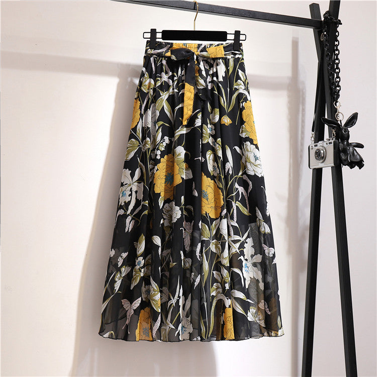 Multi-Color Printed Chiffon High Waist Tie Waist Flowy Maxi Skirt | Vacation Style Elegant A-Line Skirt
