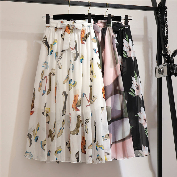 Multi-Color Printed Chiffon High Waist Tie Waist Flowy Maxi Skirt | Vacation Style Elegant A-Line Skirt