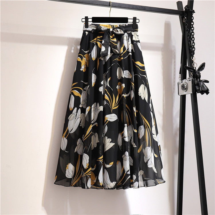 Multi-Color Printed Chiffon High Waist Tie Waist Flowy Maxi Skirt | Vacation Style Elegant A-Line Skirt