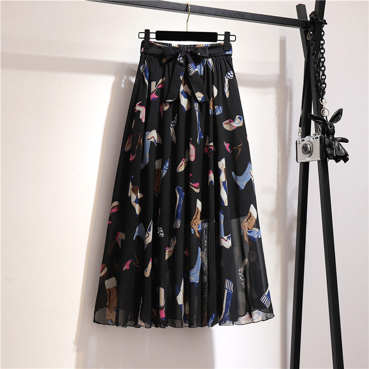 Multi-Color Printed Chiffon High Waist Tie Waist Flowy Maxi Skirt | Vacation Style Elegant A-Line Skirt
