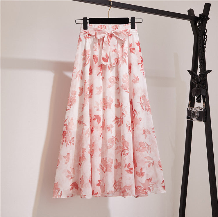 Multi-Color Printed Chiffon High Waist Tie Waist Flowy Maxi Skirt | Vacation Style Elegant A-Line Skirt